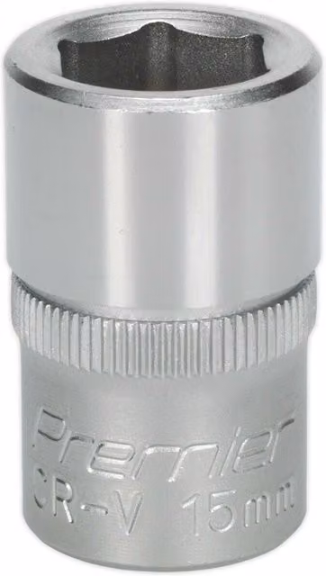 Loops 15mm Steel Drive Socket 1/2 inch Square Drive in Silver Chrome Vanadium