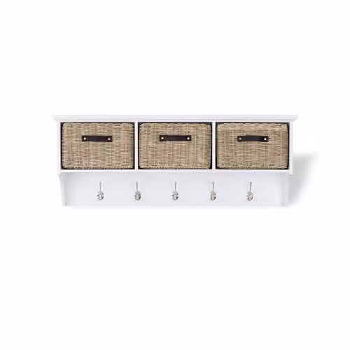 Statement Furniture Tetbury Wall Mounted Coat Rack with Hanging Shelf and Washable Storage Baskets in White and Brown – 2