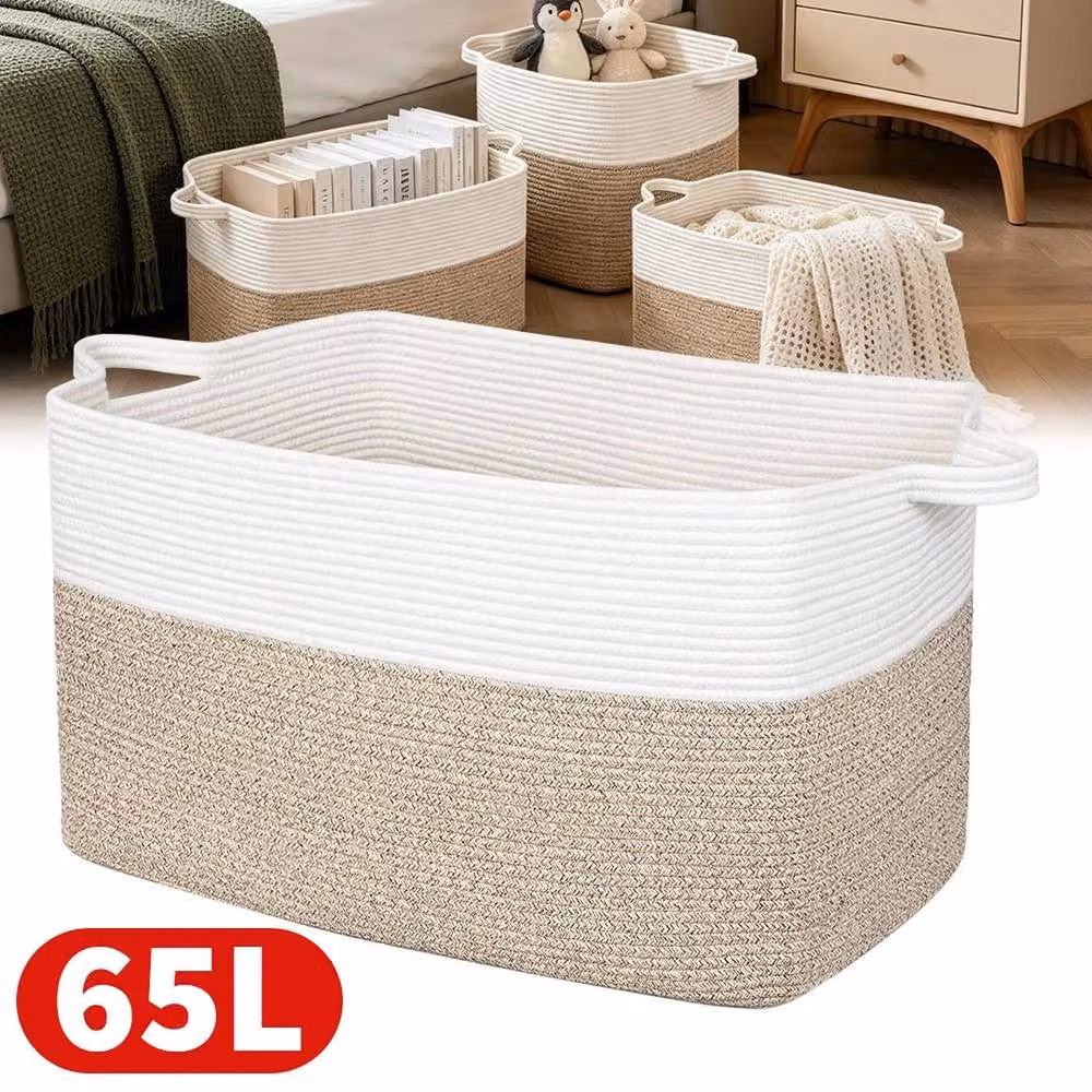 EONLION Large Cotton Fabric Storage Basket in Beige for Clothes and Bedding, W/D/H: 55 x 38 x 30 cm – 3