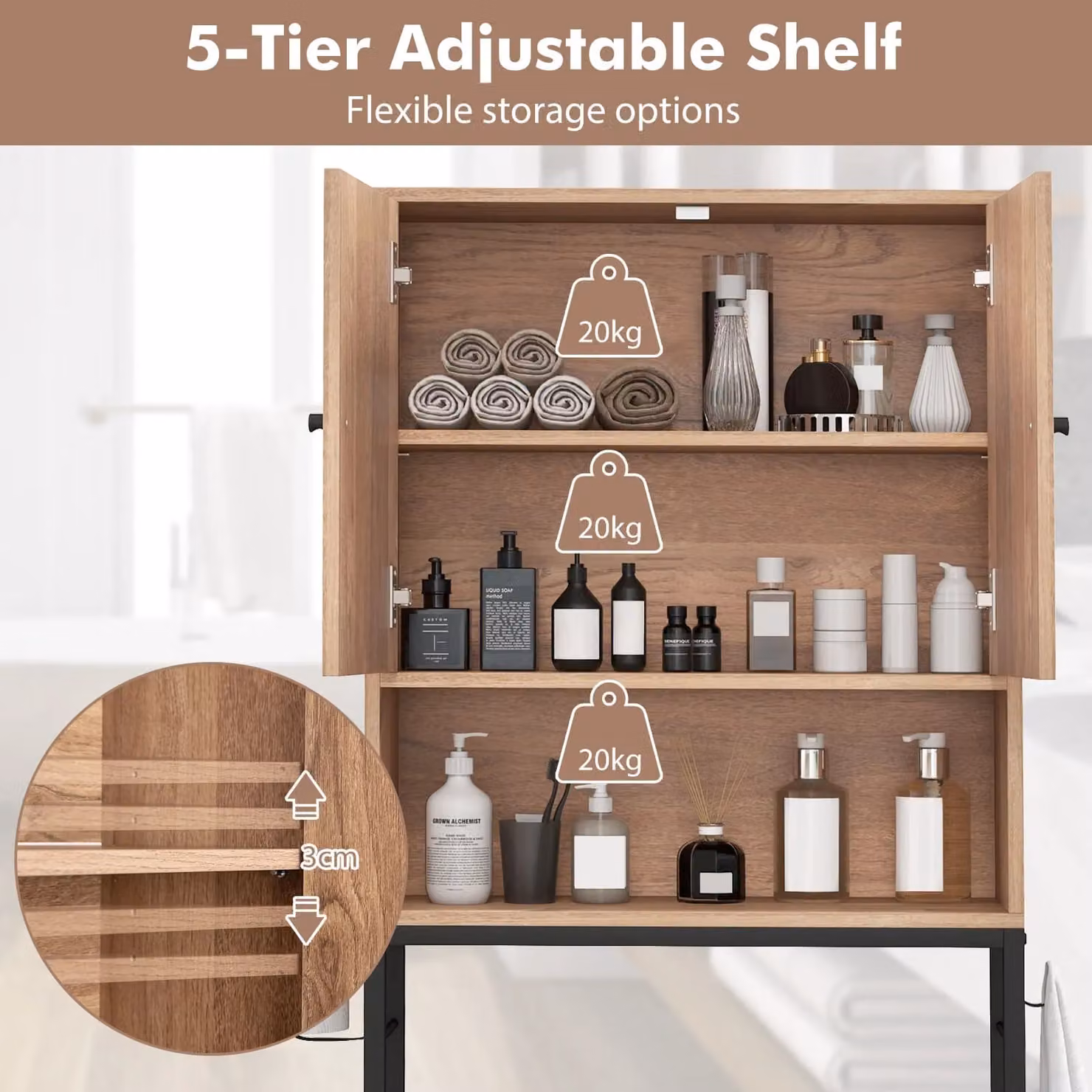 Costway Free Standing Over The Toilet Storage Cabinet in Natural Wood and Metal with Adjustable Shelves – 5