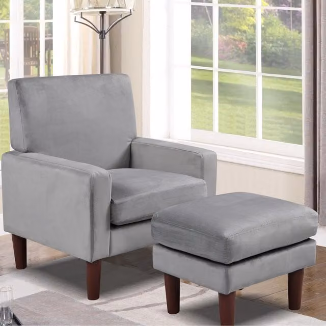 Comfy Living Modern Grey Plush Velvet Lounge Chair with Ottoman