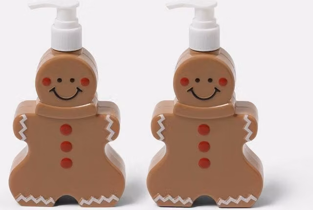 OHS Gingerbread Man Pump Dispenser Bottles, 2 Pack, Brown Refillable Plastic Containers