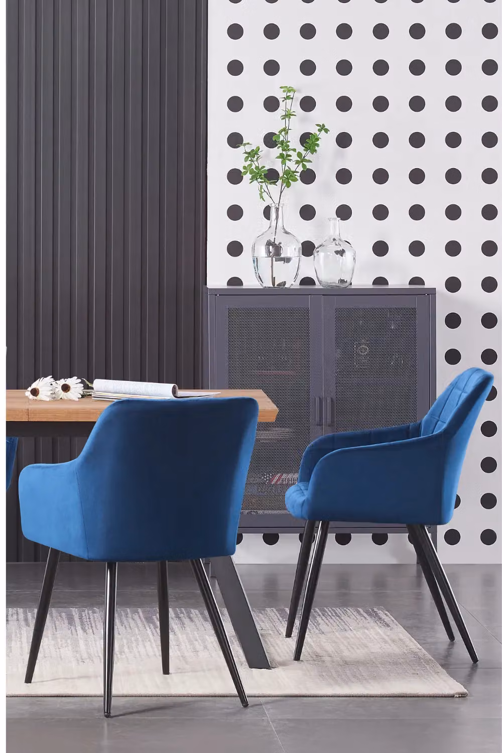 Life Interiors Camden Modern Velvet Dining Chair with Armrests and Black Metal Legs in Blue – 7
