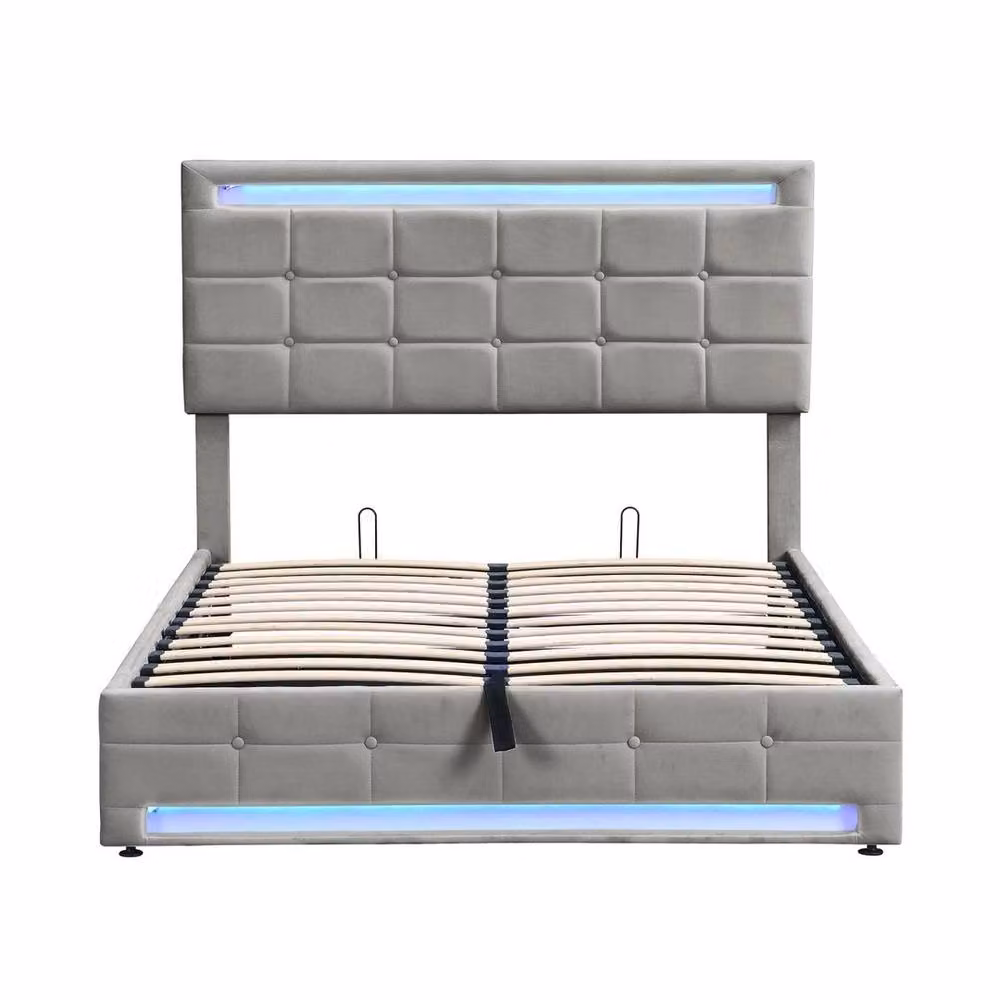 SPETLEK Grey Velvet Upholstered Double Bed Frame with LED Under-Bed Lighting and Hydraulic Lift-Up Base – 3
