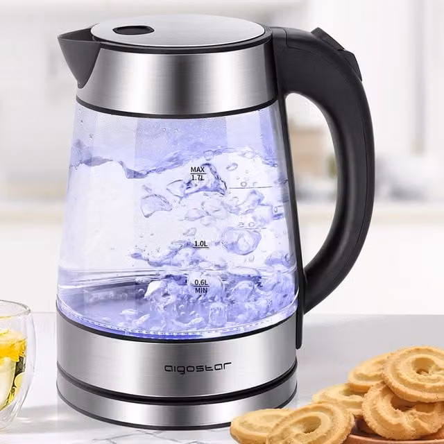 Aigostar Silver Glass and Stainless Steel Kettle with Blue LED Lighting, 1.7 l