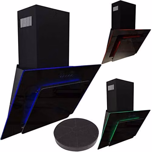 SIA AGE71BL Black Glass Angled Chimney Cooker Hood Extractor Fan with LED Mood Lighting and Carbon Filter, Width: 70 cm – 1