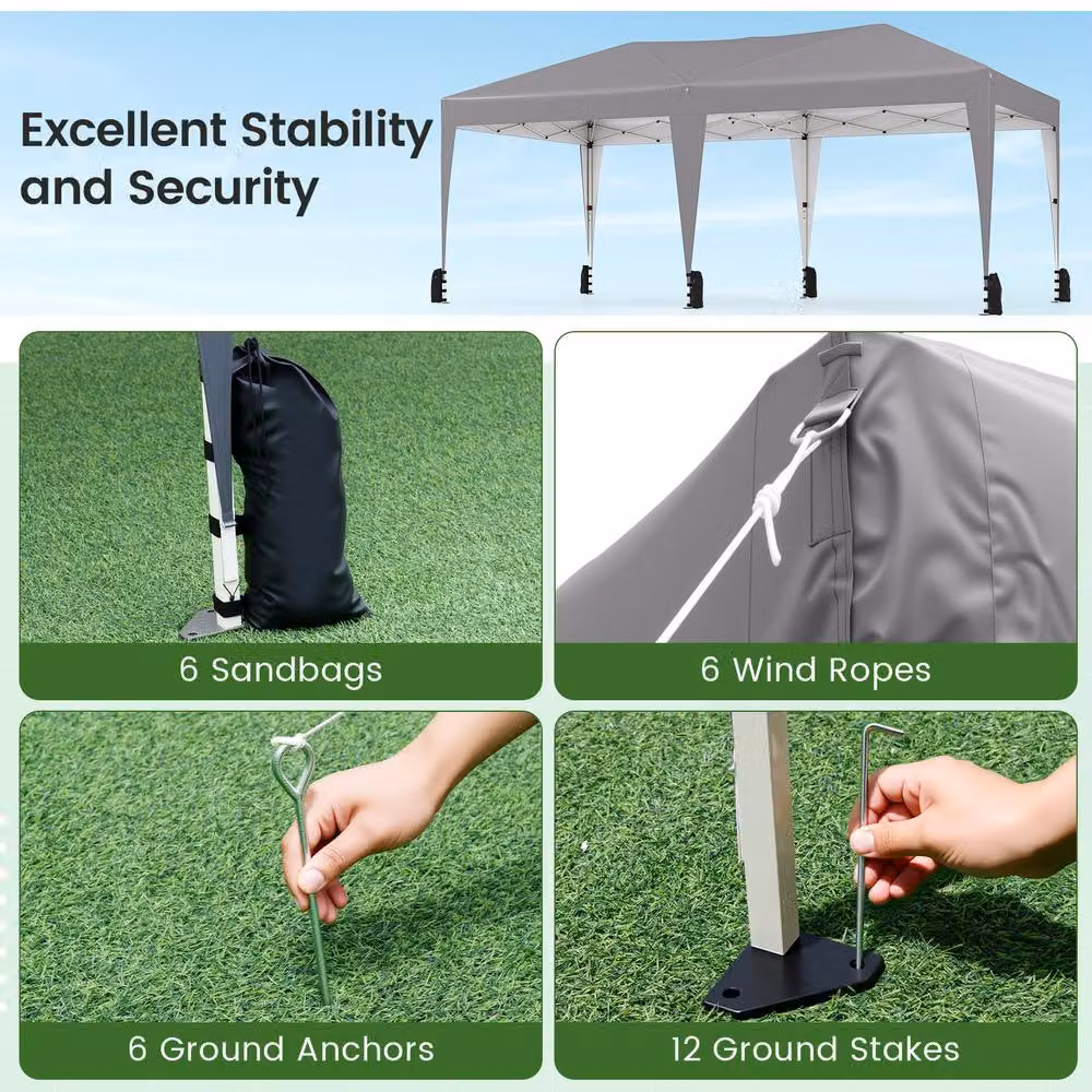 Costway Pop up Canopy Tent Foldable Patio Shelter with Wheeled Bag, Grey, W: 590 cm, D: 300 cm, H: 266 cm – 7