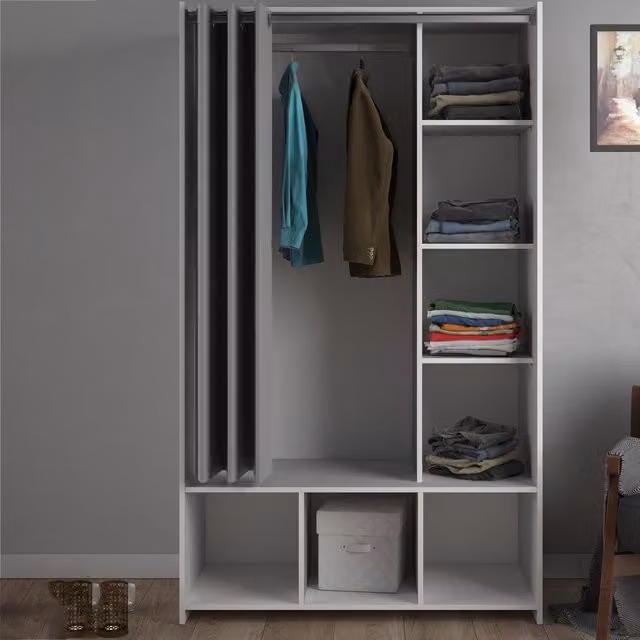 Furniture To Go Uppsala Open Wardrobe Unit in White with Grey Textile Curtain