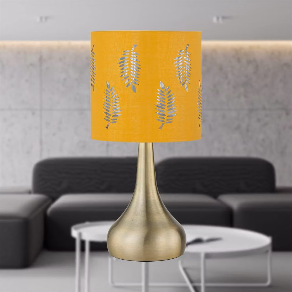 First Choice Lighting Romana Set of 2 Antique Brass Touch Table Lamps with Ochre Fabric Shades – 3