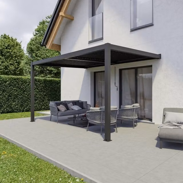 Agadon Wall Mounted Aluminium Lean-to Pergola Shading System in Matt Grey, W/D/H: 395.8 x 298.8 x 250.6 cm