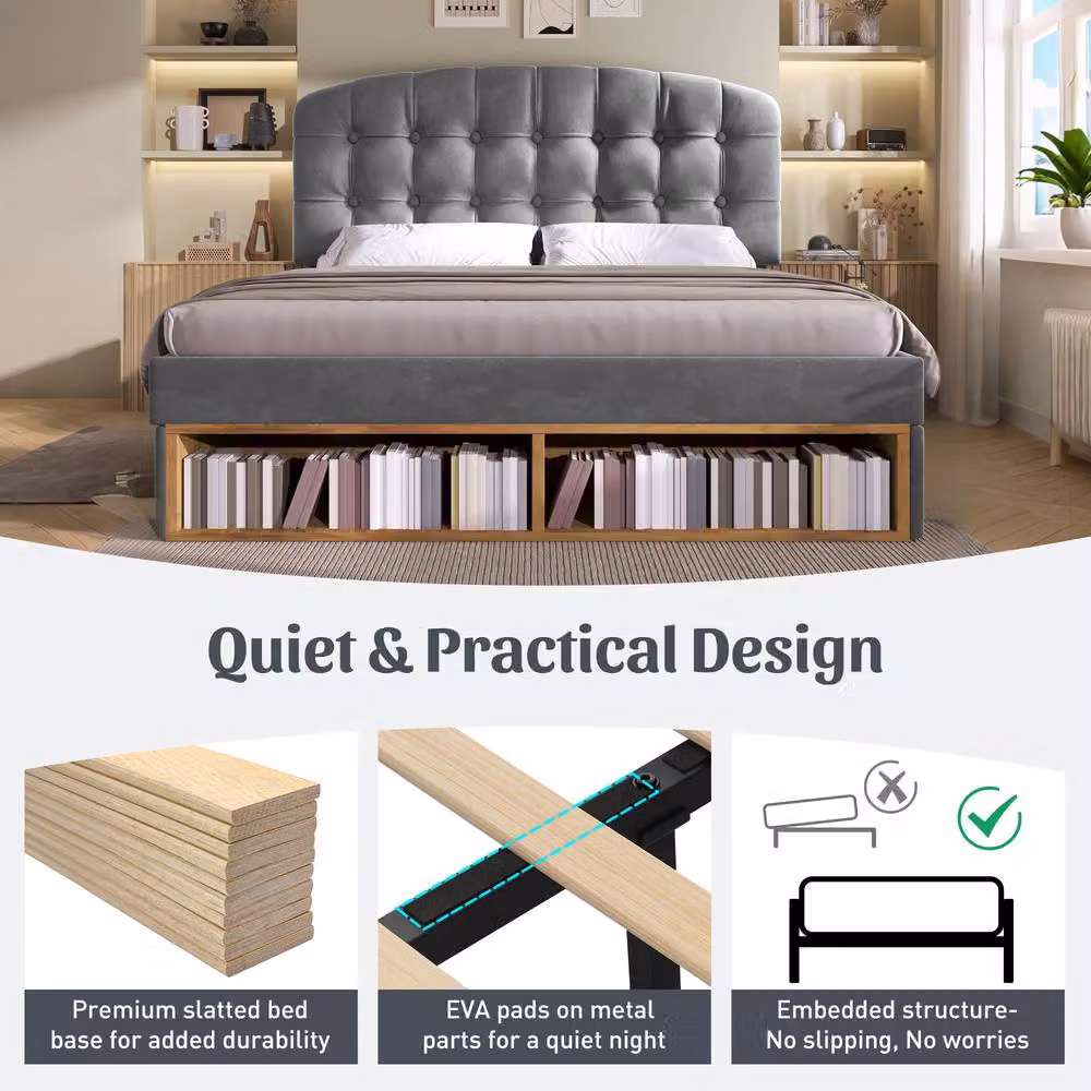 Matteo Grey Velvet Double Bed with Storage and Adjustable Headboard W/D/H: 140 x 200 x 137 cm – 4