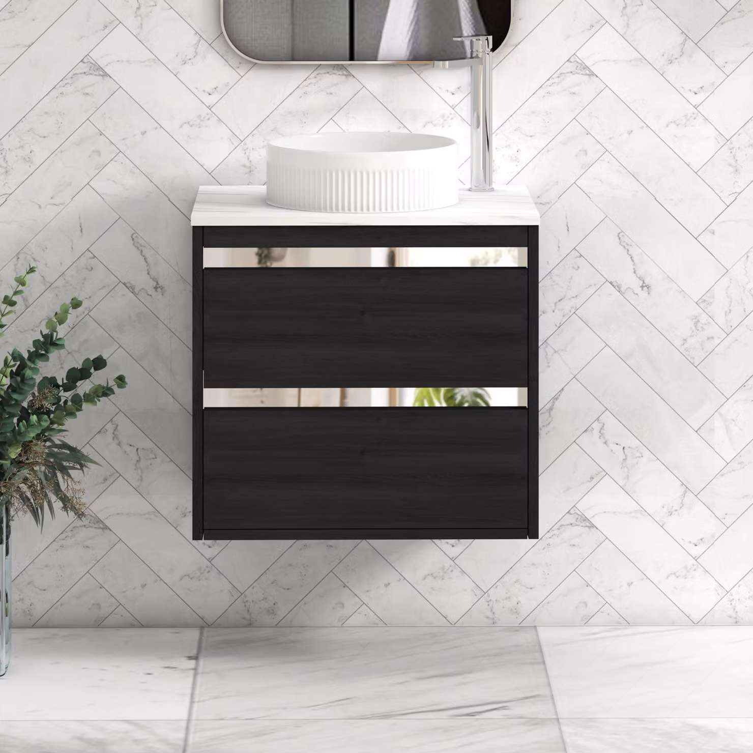 Royal Bathrooms Orion 800mm Hale Black Wall Hung Vanity Unit with Carrara White Countertop, 2 Drawers, Round Basin and Chrome Accent Trim