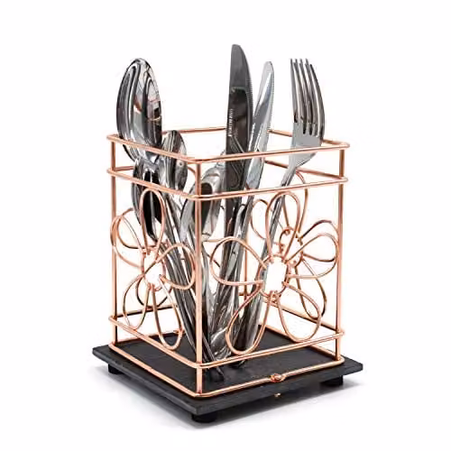 VanGogh Copper Wire Utensil Storage Holder Basket with Slate Base in Copper, Grey and Bronze