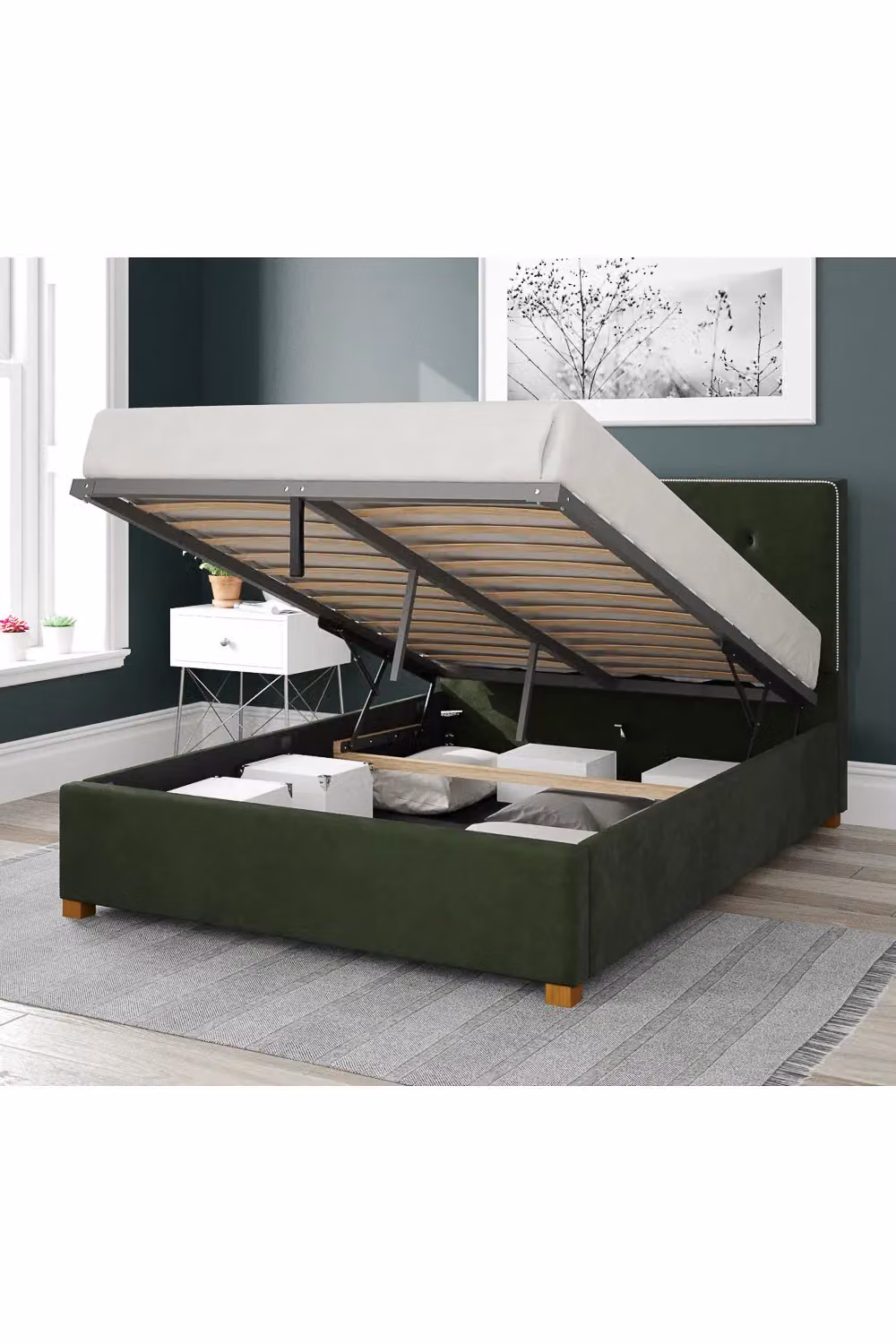 Aspire Presley Upholstered Ottoman Storage Bed in Green Plush Velvet, Super King, W/D/H: 200 x 200 x 190 cm – 2