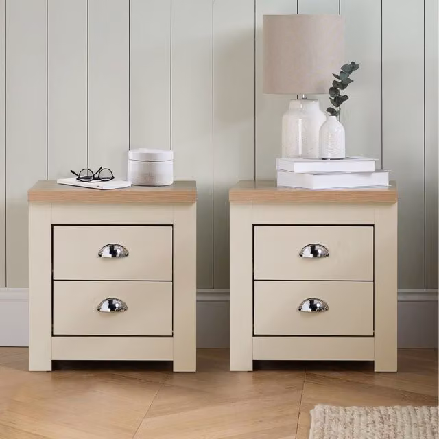 Birlea Highgate Pair of 2 Drawer Bedside Tables in Cream and Beige Oak Wood