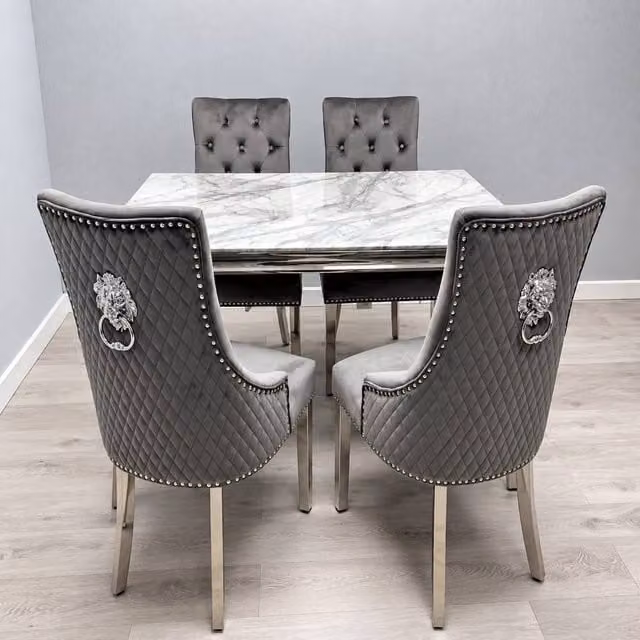 Soft Snooze Beds Novelle Grey and Silver Marble Dining Table and Chair Set W: 160 cm, D: 90 cm