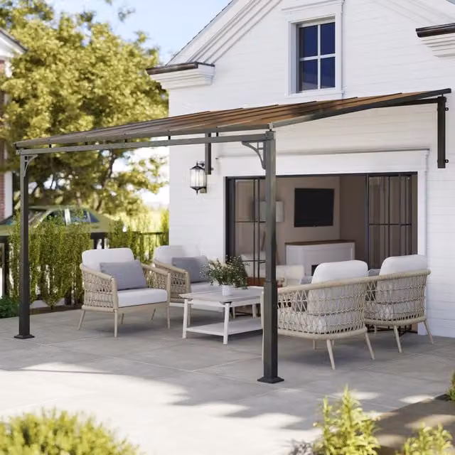 Outsunny Brown Metal Lean-to Pergola with Polycarbonate Roof, W: 3.4 m, D: 3 m