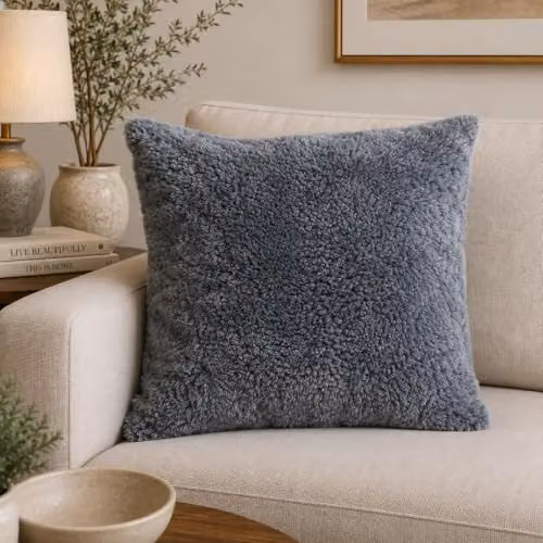 SNUGRUGS Grey Short Curly Wool Sheepskin Cushion with Cotton Backing and Inner, W/D/H: 40 x 40 x 40 cm – 2