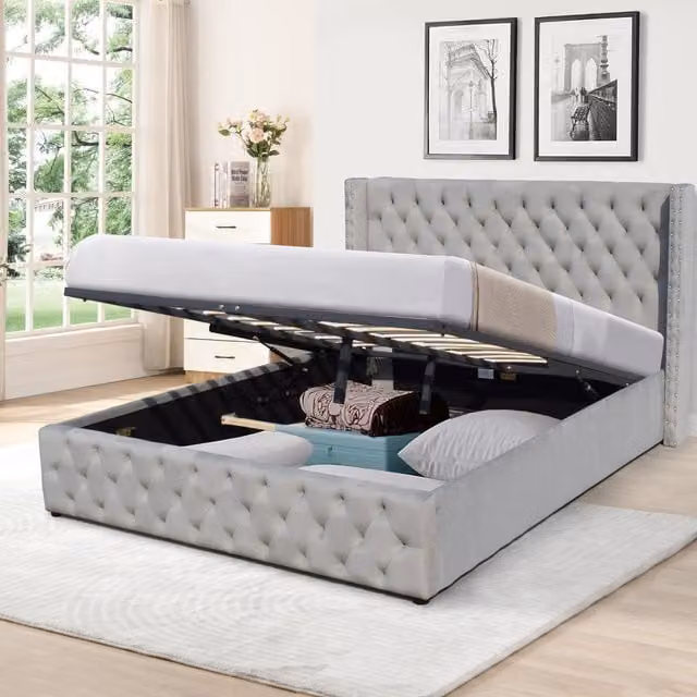 Comfy Living Single Winged Velvet Storage Bed Frame with Headboard in Silver Grey
