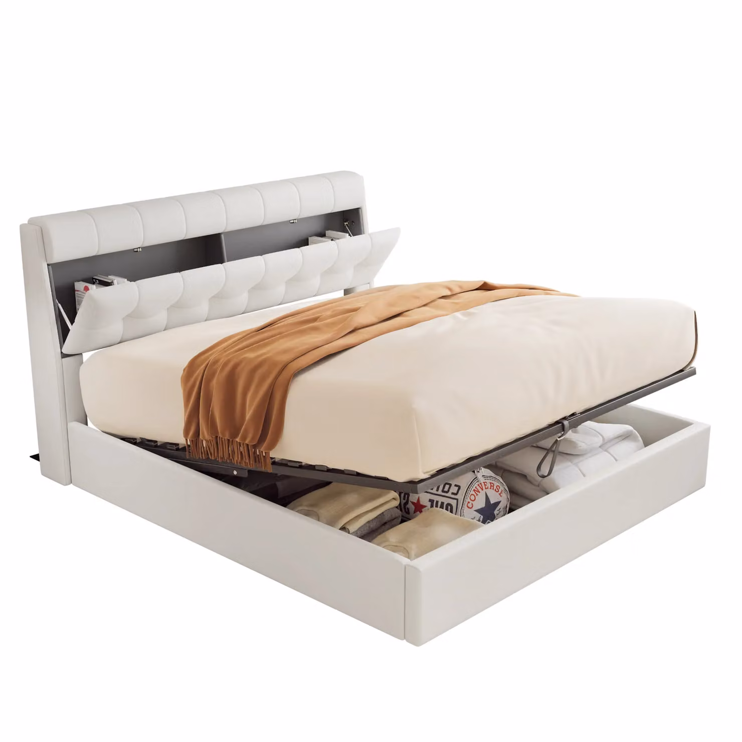 Matteo Upholstered Synthetic Leather Bed with Hydraulic Lift-Up Storage in Beige or White, W/D/H: 150 x 200 cm – 3