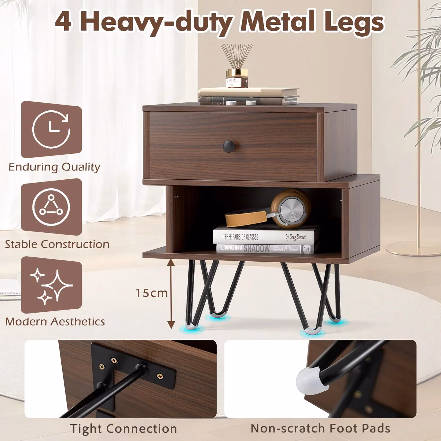 Gymax Set of 2 Mid-Century Walnut Nightstands with Removable Drawers and Metal Legs – 5