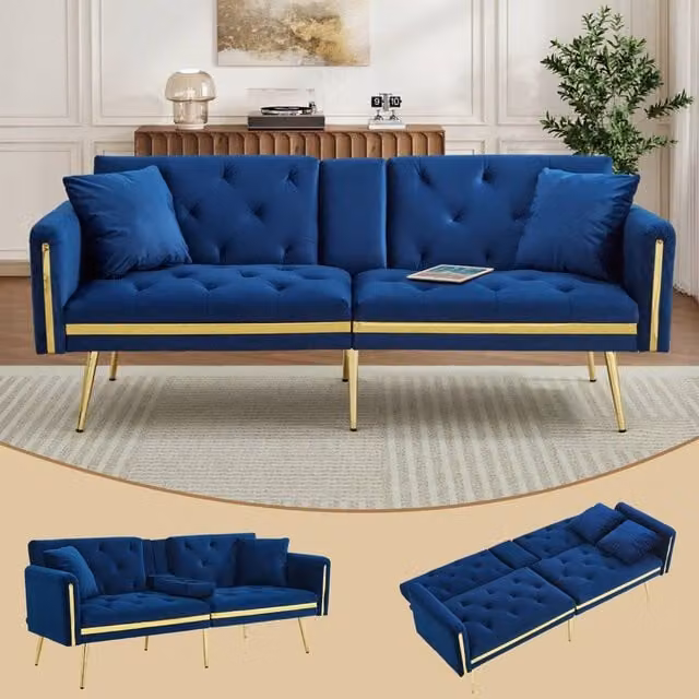 ModernLuxe Blue Velvet 2-Seater Convertible Sofa Bed with Adjustable Headrest and Cup Holders, W/D/H: 140 x 190 x 76 cm – 1