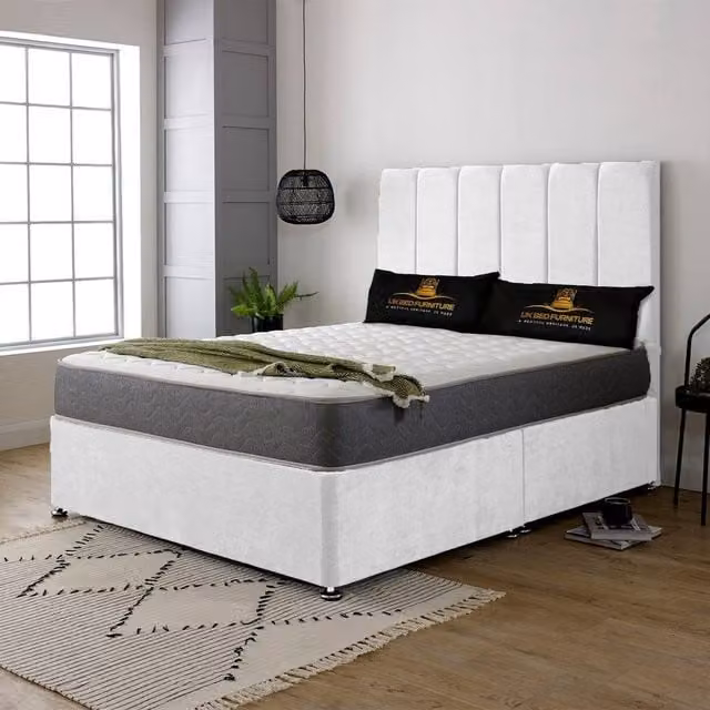 UK Bed Furniture Savannah Divan Bed Base with 26 Inch Headboard in White, King Size, W/D/H: 180 x 200 cm – 1