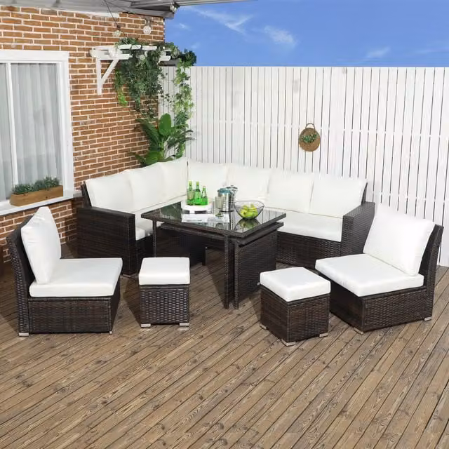 Outsunny 7 Piece Modern Rattan Garden Furniture Set in White