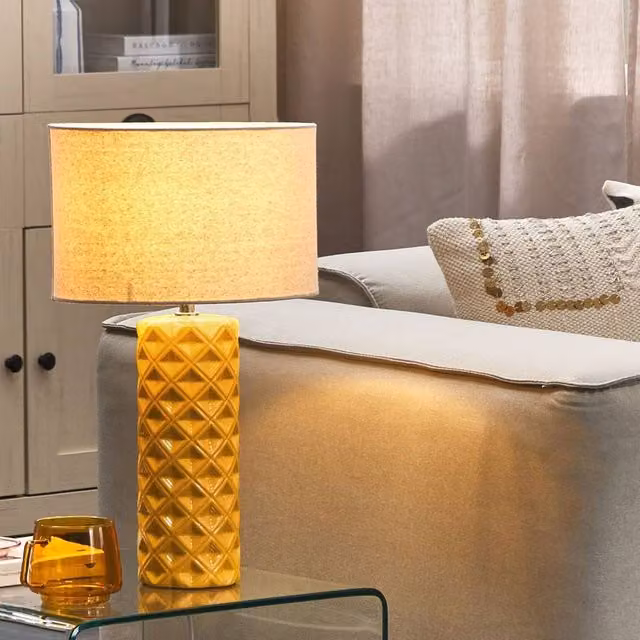 Wyld and Coco Table Lamp with Yellow Ceramic Geometric Base and Beige Fabric Drum Shade, Height: 49 cm