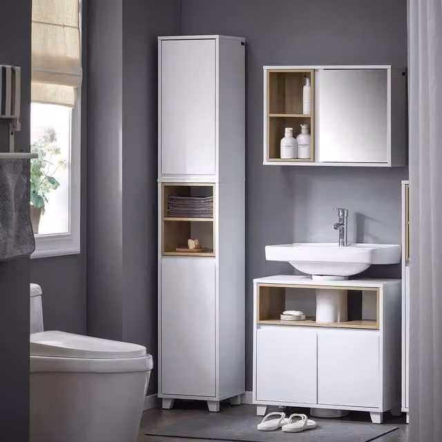 SoBuy Modern White Bathroom Tall Cabinet with Open Shelf and Hinged Doors, H 170 cm x W 30 cm x D 30 cm