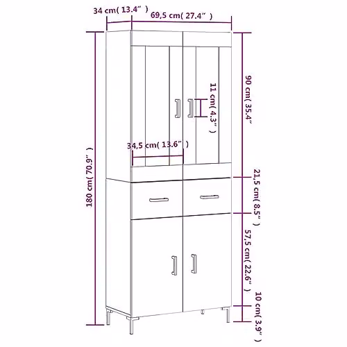 vidaXL Highboard in Smoked Oak, Brown Industrial Style with Hinged Doors and Internal Shelves, W/D/H: 69.5 x 34.0 x 180.0 cm – 3