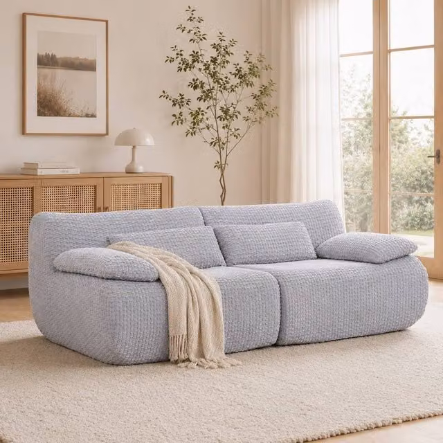 Mimo Modular Sofa Set with Curved Seat Design in Light Grey Corduroy Fabric