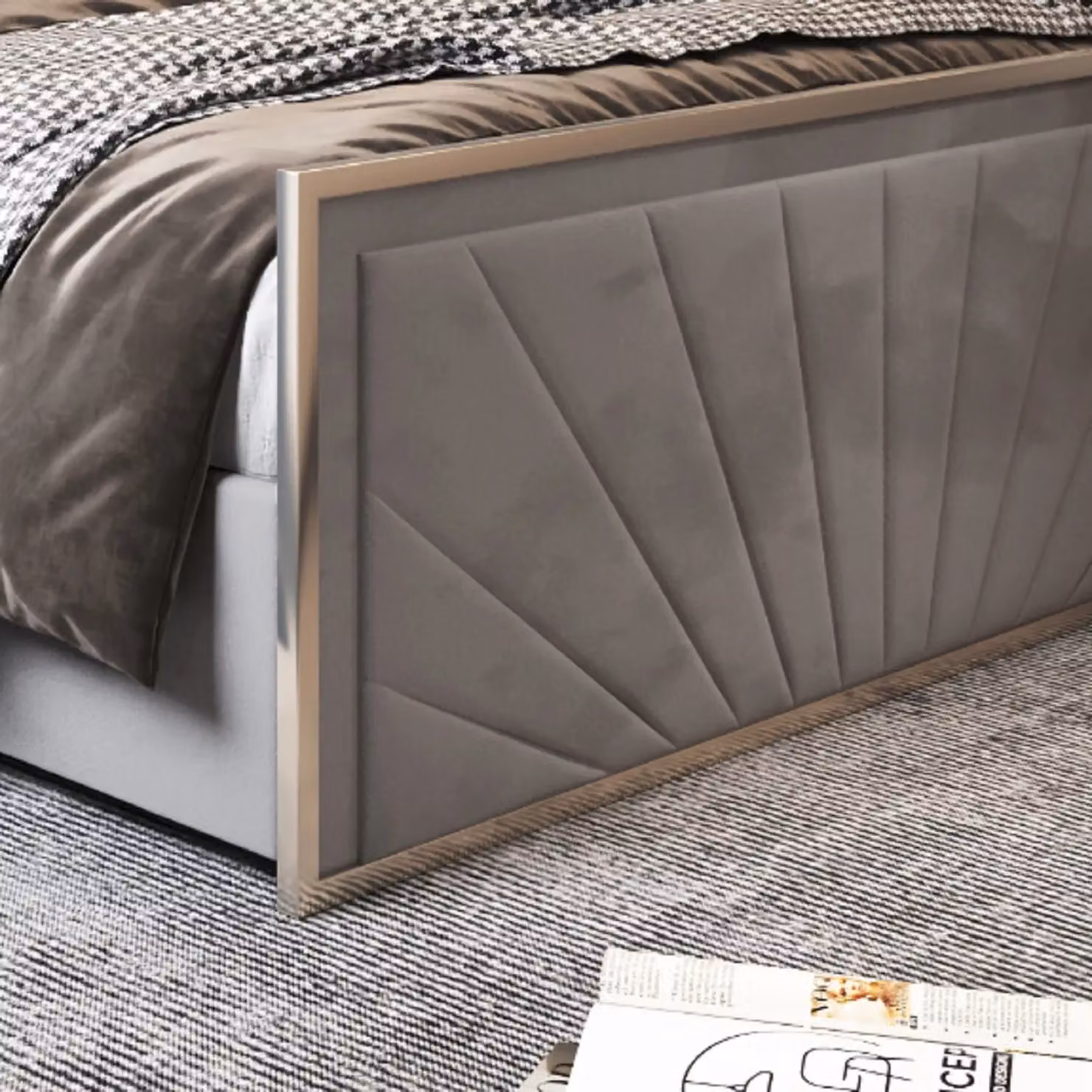 Casani Roxy Upholstered Soft Velvet Metal Bed Frame in Grey, W/D/H: 200 x 137 x 137 cm – 3