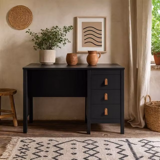 Wyld Haus Wildberry Modern Writing Desk in Matt Black with 3 Drawers and Leather Handles, W/D/H: 120.4 x 48.0 x 76.5 cm – 1