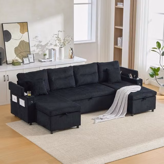 Aosom UK Contemporary 4-Seater U-Shaped Sofa with 2 Chaise Longues in Black Ribbed Corduroy featuring Built-in Cup Holders, USB Charging and Sleeping Function, W: 272 cm, D: 136 cm, H: 86 cm – 1