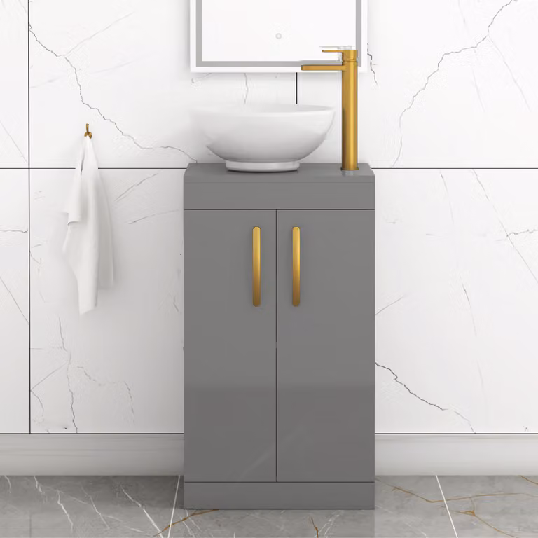 Royal Bathrooms Breeze 500mm Floor Standing 2 Door Vanity Unit in Indigo Grey Gloss with Countertop Basin and Brushed Brass Handle