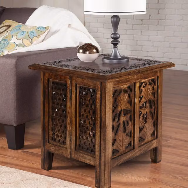 Topfurnishing Antique Brown Mango Wood Square Carved Coffee Table and Bedside End Table W/D/H: 45 x 45 x 45 cm