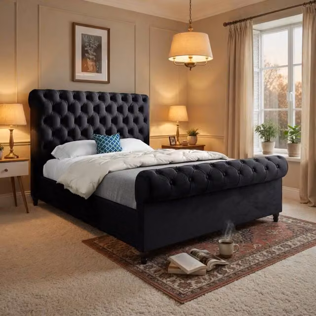 KDMD Toddington Sleigh Upholstered Designer Bed Frame in Black Soft Velvet, Small Single – 1
