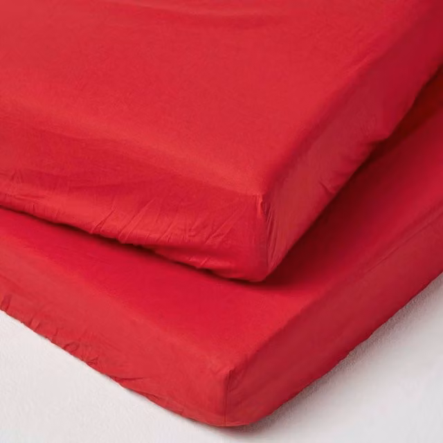 Homescapes 2 Pack Red Egyptian Cotton Percale Fitted Cot Sheets, 200 Thread Count
