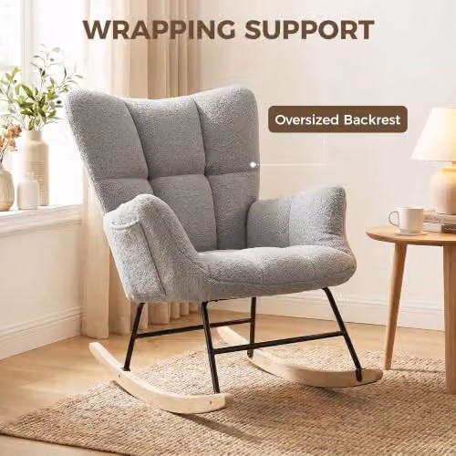 HOMCOM Teddy Fleece Rocking Chair in Grey with Armrests, W/D/H: 66 x 90 x 90 cm – 4