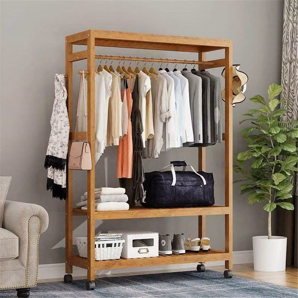 Kelvenix Bamboo Clothes Rail Garment Storage in Natural Brown – 3