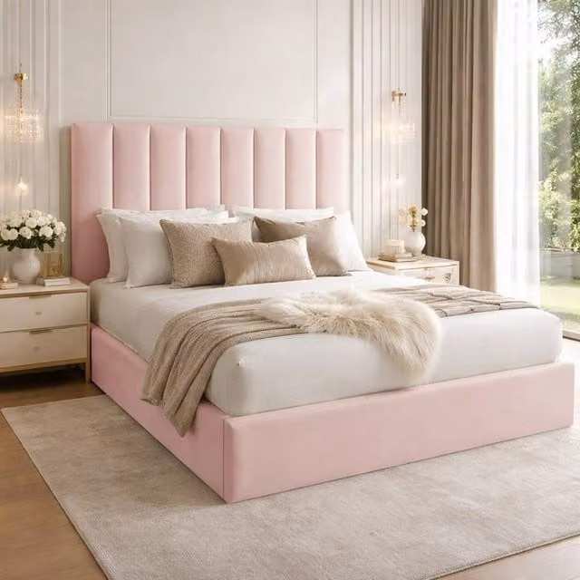 Desire Deco Plush Velvet Suenna Ottoman Storage Bed Frame in Pink, Double Size (140 x 200 cm)