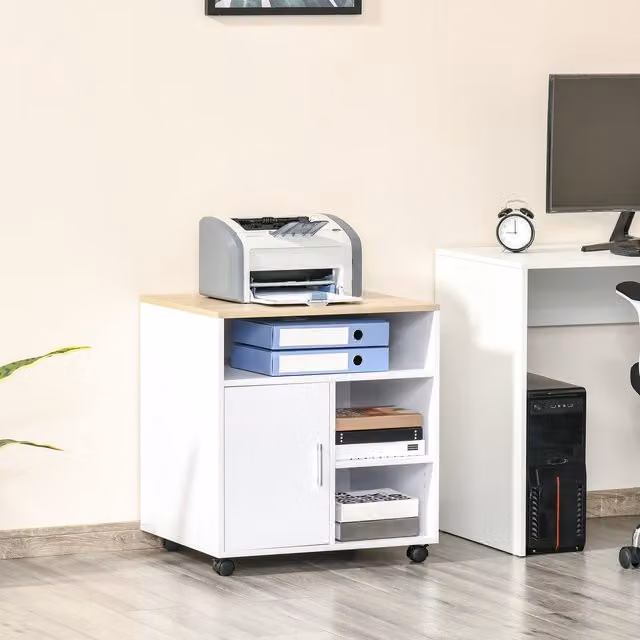 HOMCOM Modern Multi-Storage Printer Unit with 5 Compartments and Wheels in Oak Beige