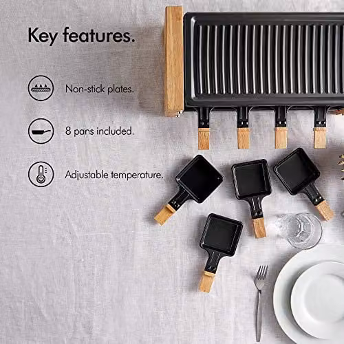 VonShef Electric Raclette Grill in Black with 1200W Power, 8 Person Capacity, 2 Removable Non-Stick Plates, Natural Stone and Ribbed Plates, and Adjustable Thermostat – 3