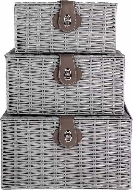 MantraRaj Set of 3 Woven Wicker Hamper Storage Baskets in Grey