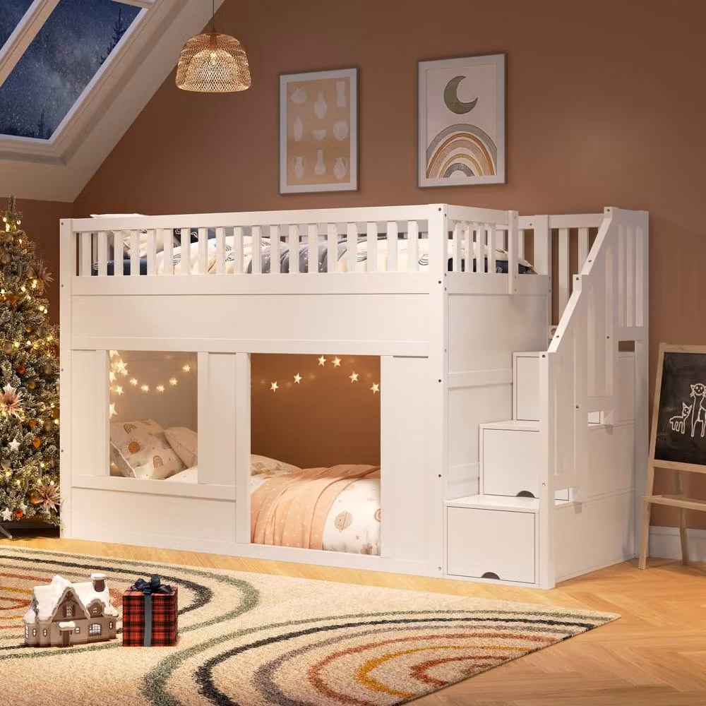 Merax White Childrens House Loft Bed with Storage Stairs and Side Compartments, W/D/H: 190 x 90 x 120 cm – 3