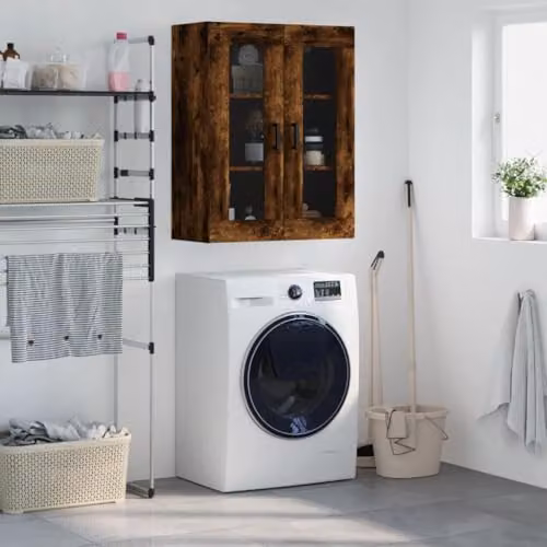 vidaXL Wall Mounted Cabinet in Smoked Oak with Glass Doors, W/D/H: 69.5 x 34 x 90 cm – 2