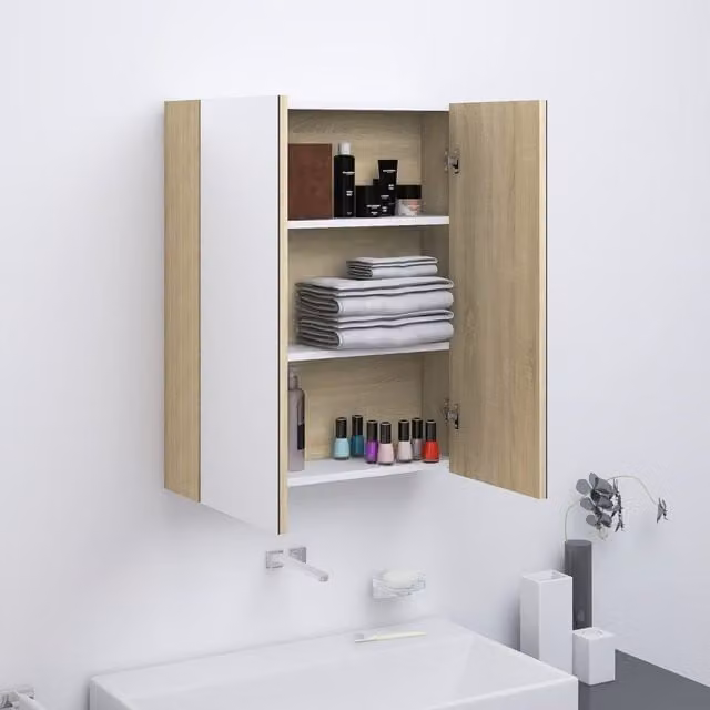 Berkfield Home Modern Wall Mounted Bathroom Mirror Cabinet in White and Oak, W/D/H: 60 x 15 x 75 cm