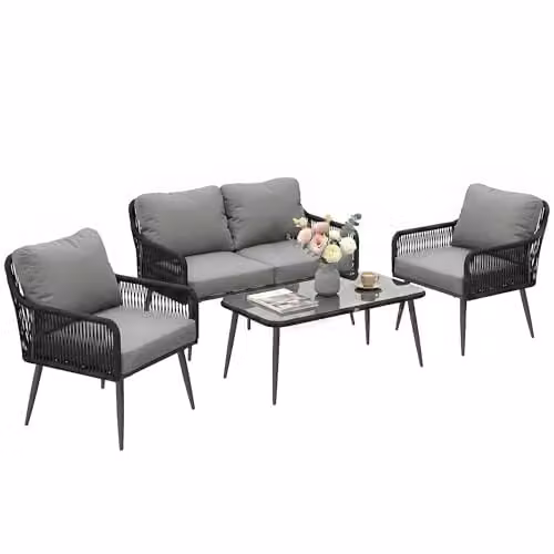 Outsunny 4 Seater Rattan Garden Furniture Set in Black with Upholstered Cushions and Coffee Table