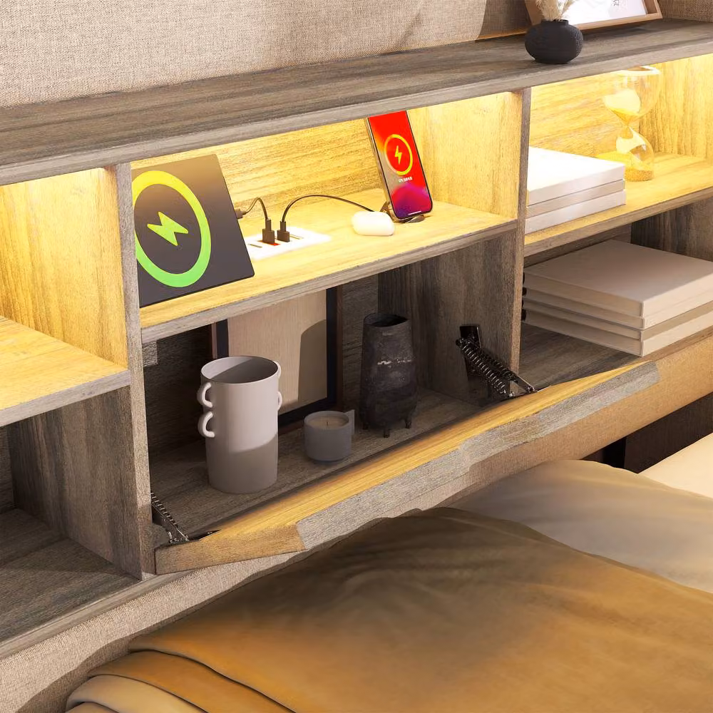 FENCHILIN Upholstered Single LED Daybed Frame with Hydraulic Storage and USB Charging Station in Beige, W/D/H: 90 x 200 cm – 3
